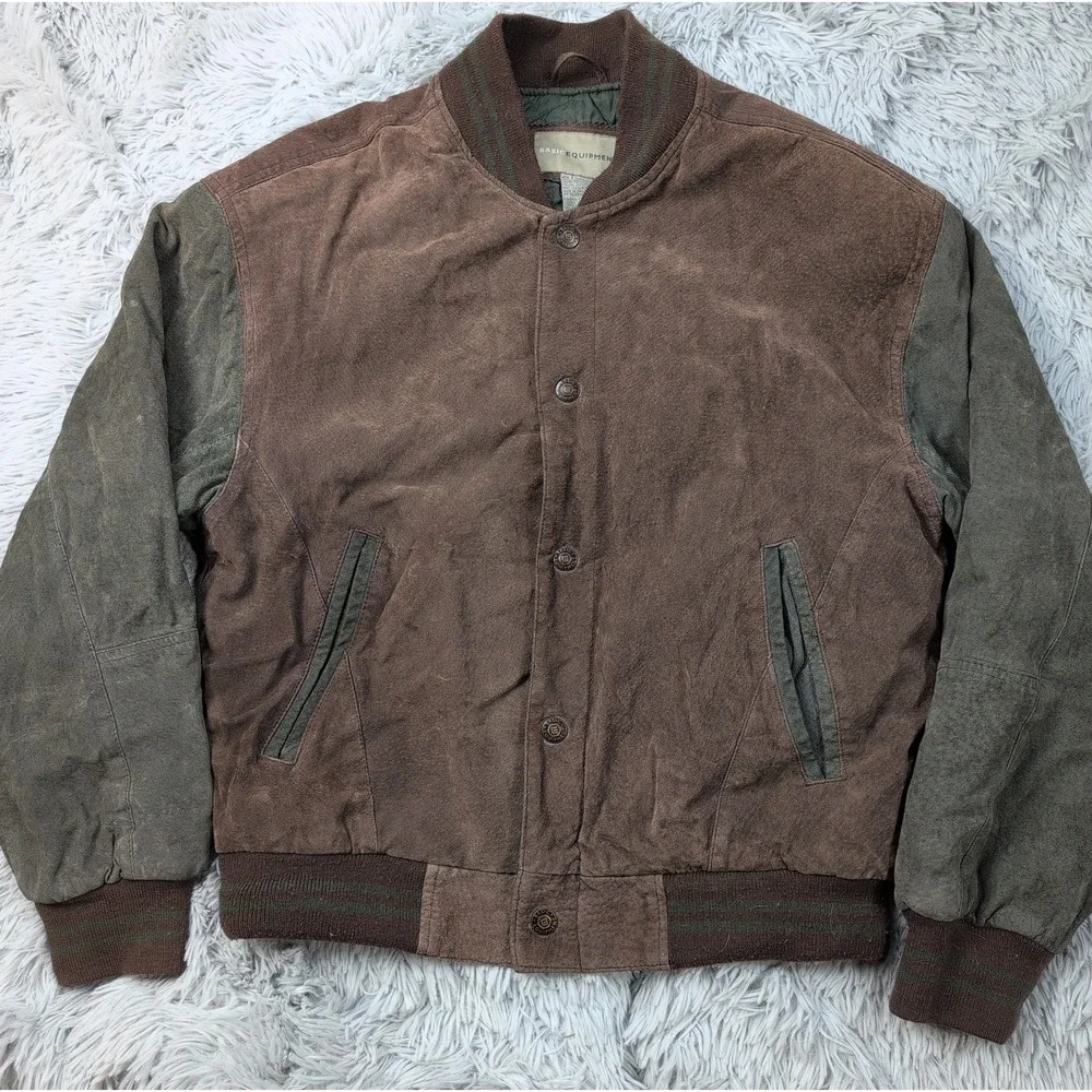 Basic Editions Jacket Mens S Brown Green Leather Suede Varsity Coat Pockets